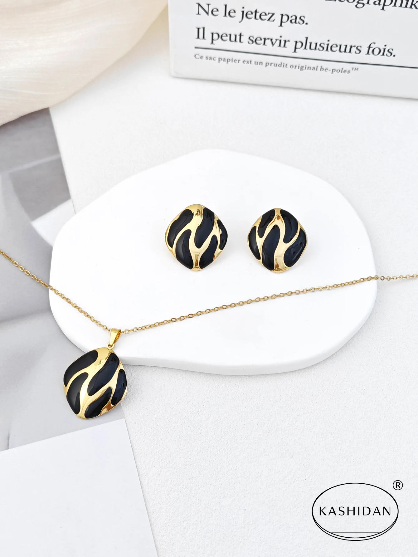 Fashion Enamel Drip Geometric Stud Earrings and Necklace Set, Stainless Steel Waterproof Hypoallergenic Women’s Jewelry Gift Fashion Enamel Drip Geometric Stud Earrings and Necklace Set, Stainless Steel Waterproof Hypoallergenic Women's Jewelry Gift