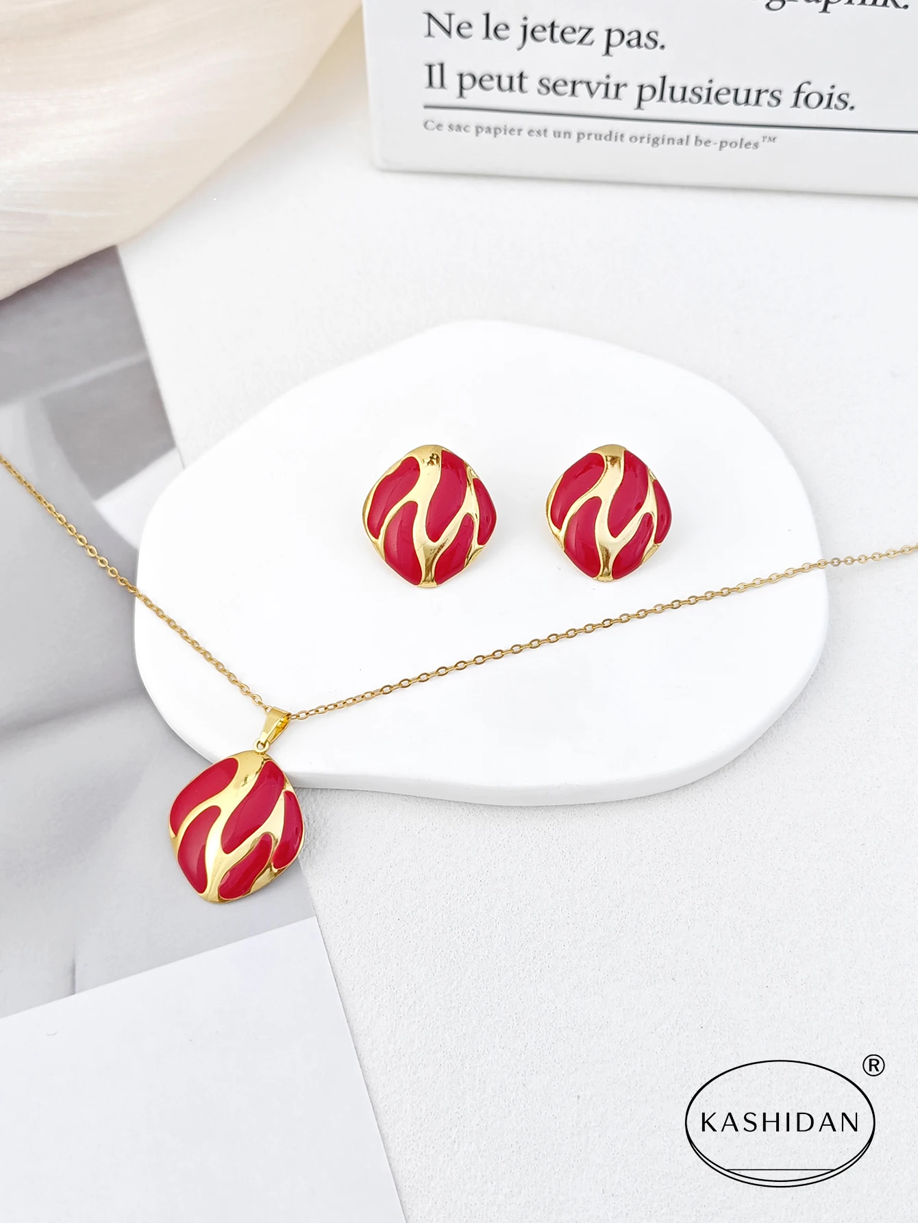 Fashion Enamel Drip Geometric Stud Earrings and Necklace Set, Stainless Steel Waterproof Hypoallergenic Women’s Jewelry Gift Fashion Enamel Drip Geometric Stud Earrings and Necklace Set, Stainless Steel Waterproof Hypoallergenic Women's Jewelry Gift