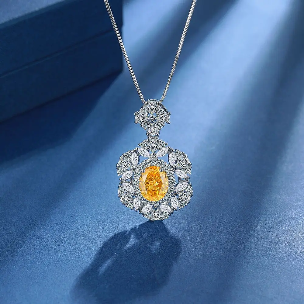 925 Sterling Silver Yellow Crystal Zircon Petal Shape Necklace Ring Earrings Set Birthday Anniversary Wedding Party Set Gift