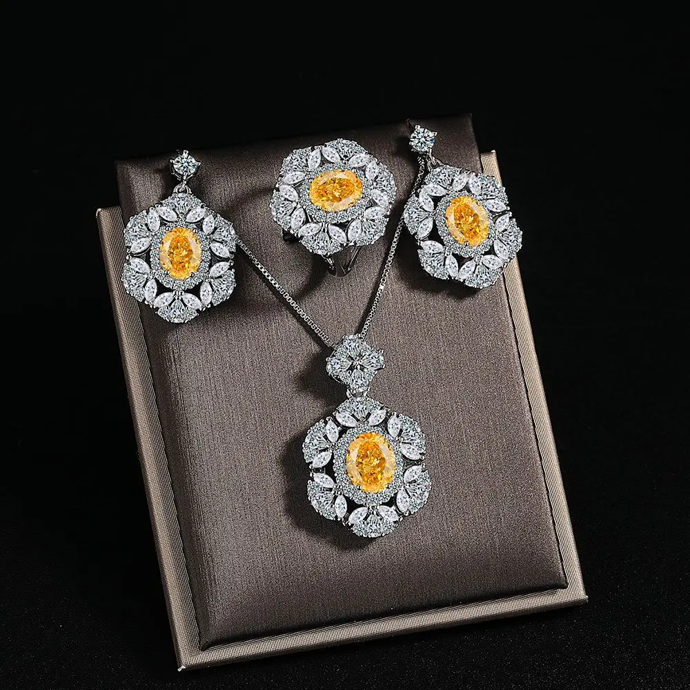 925 Sterling Silver Yellow Crystal Zircon Petal Shape Necklace Ring Earrings Set Birthday Anniversary Wedding Party Set Gift