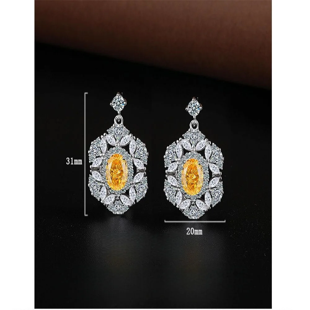 925 Sterling Silver Yellow Crystal Zircon Petal Shape Necklace Ring Earrings Set Birthday Anniversary Wedding Party Set Gift