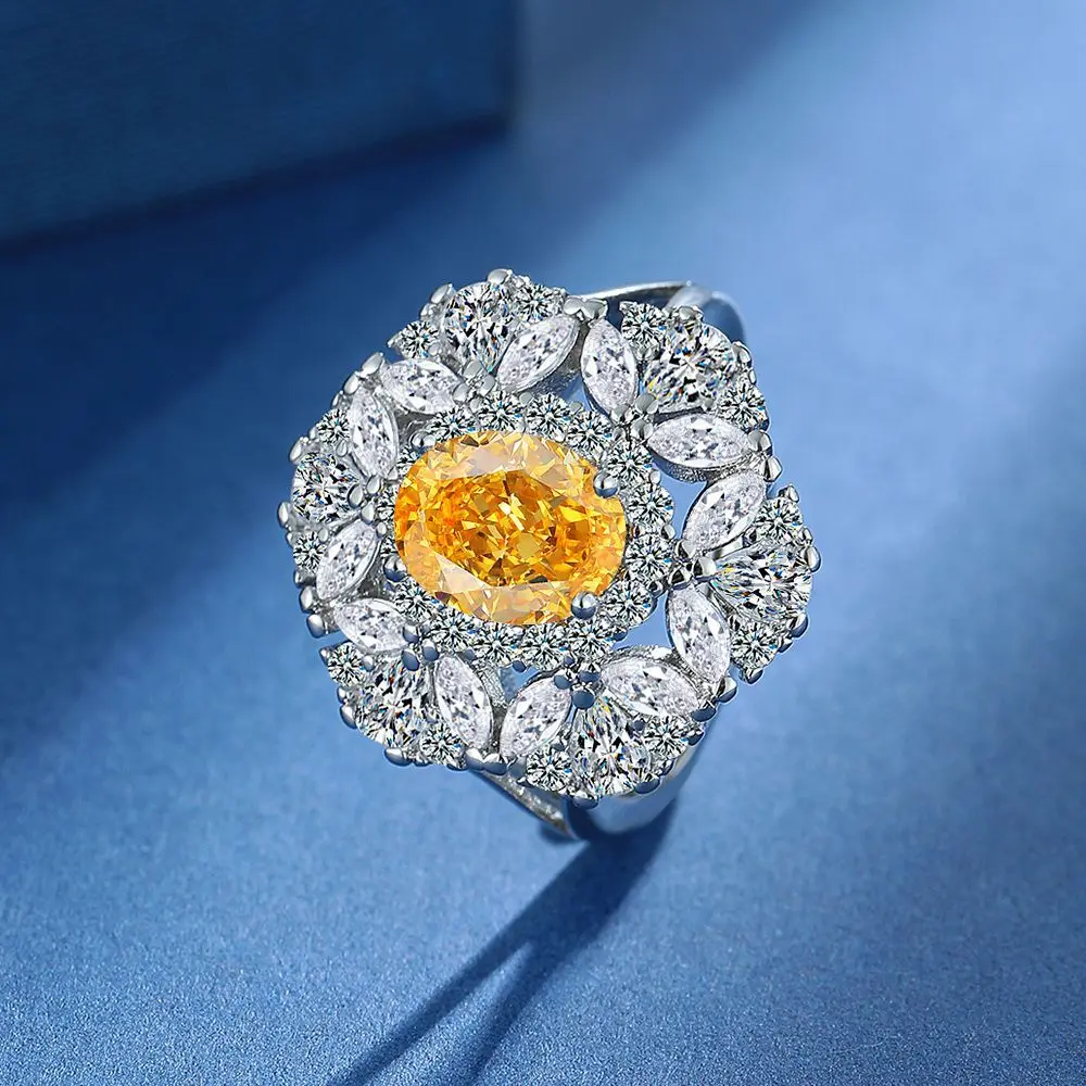 925 Sterling Silver Yellow Crystal Zircon Petal Shape Necklace Ring Earrings Set Birthday Anniversary Wedding Party Set Gift