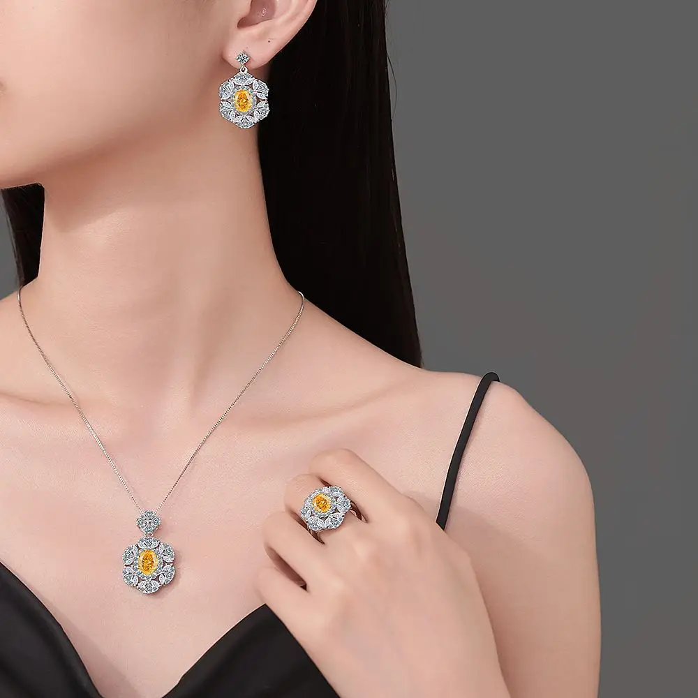 925 Sterling Silver Yellow Crystal Zircon Petal Shape Necklace Ring Earrings Set Birthday Anniversary Wedding Party Set Gift