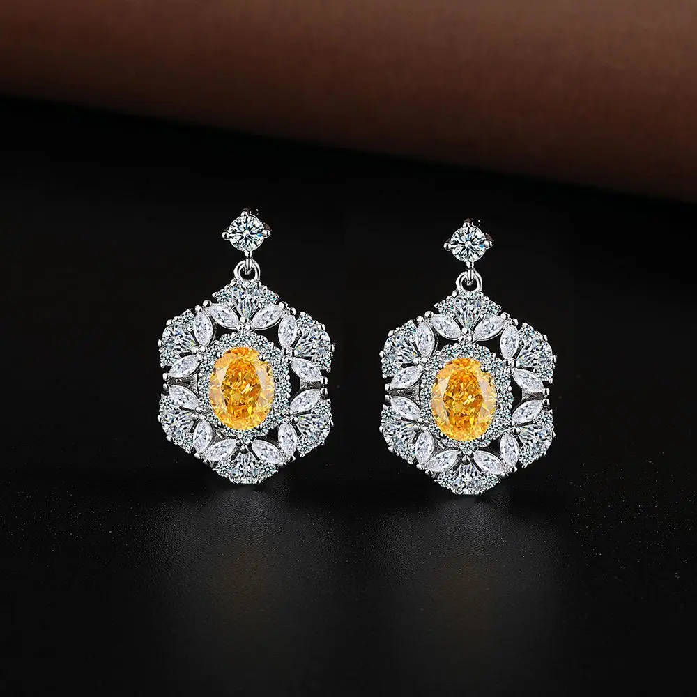 925 Sterling Silver Yellow Crystal Zircon Petal Shape Necklace Ring Earrings Set Birthday Anniversary Wedding Party Set Gift