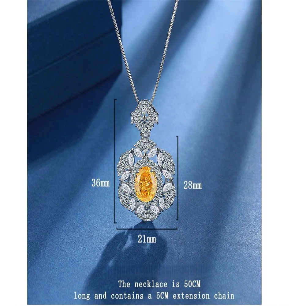 925 Sterling Silver Yellow Crystal Zircon Petal Shape Necklace Ring Earrings Set Birthday Anniversary Wedding Party Set Gift