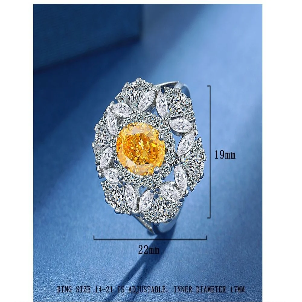 925 Sterling Silver Yellow Crystal Zircon Petal Shape Necklace Ring Earrings Set Birthday Anniversary Wedding Party Set Gift