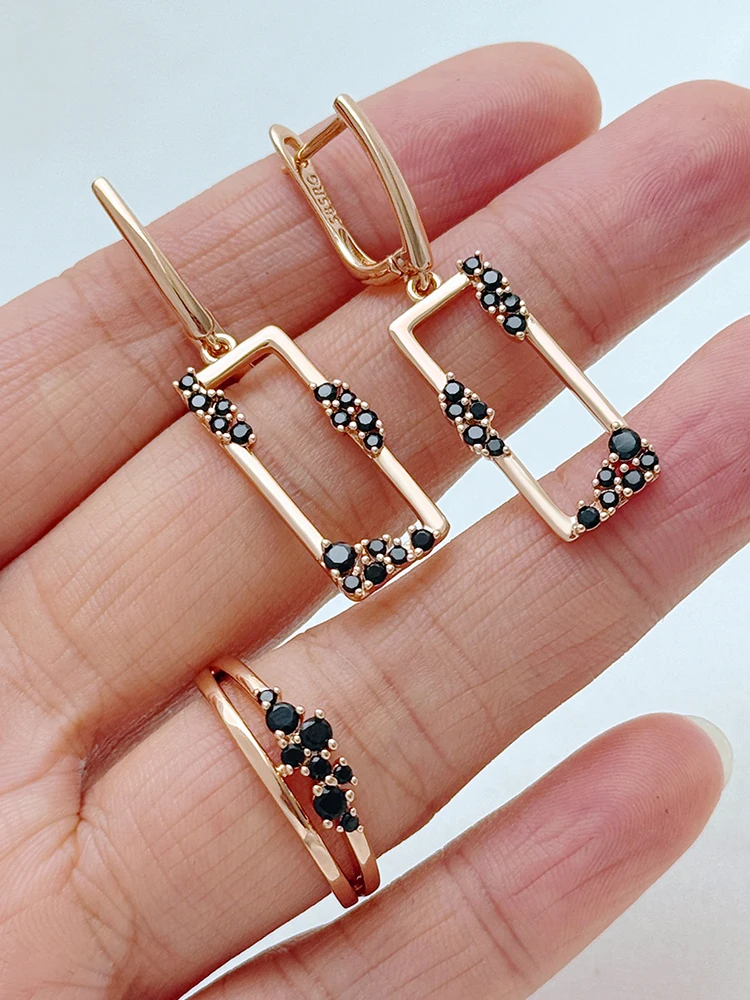 Kinel Shiny Black Natural Zircon Jewelry Set for Woman Fashion 585 Rose Gold Color Ring And Earrings Vintage Wedding Jewelry Set