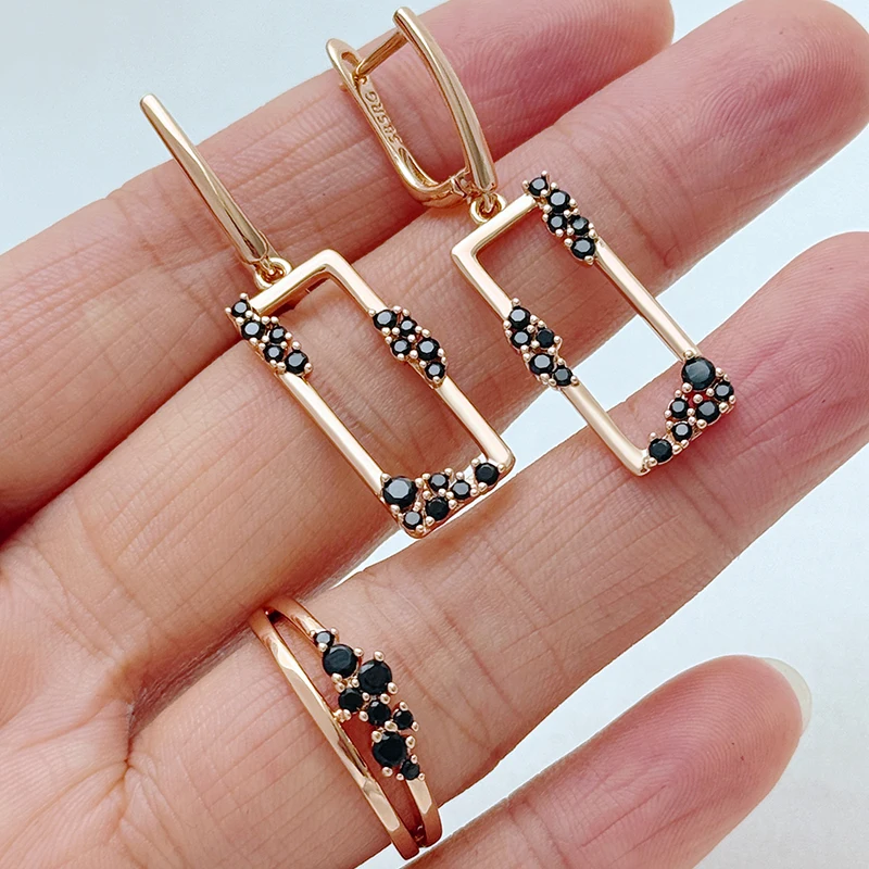 Kinel Shiny Black Natural Zircon Jewelry Set for Woman Fashion 585 Rose Gold Color Ring And Earrings Vintage Wedding Jewelry Set Kinel Shiny Black Natural Zircon Jewelry Set for Woman Fashion 585 Rose Gold Color Ring And Earrings Vintage Wedding Jewelry Set
