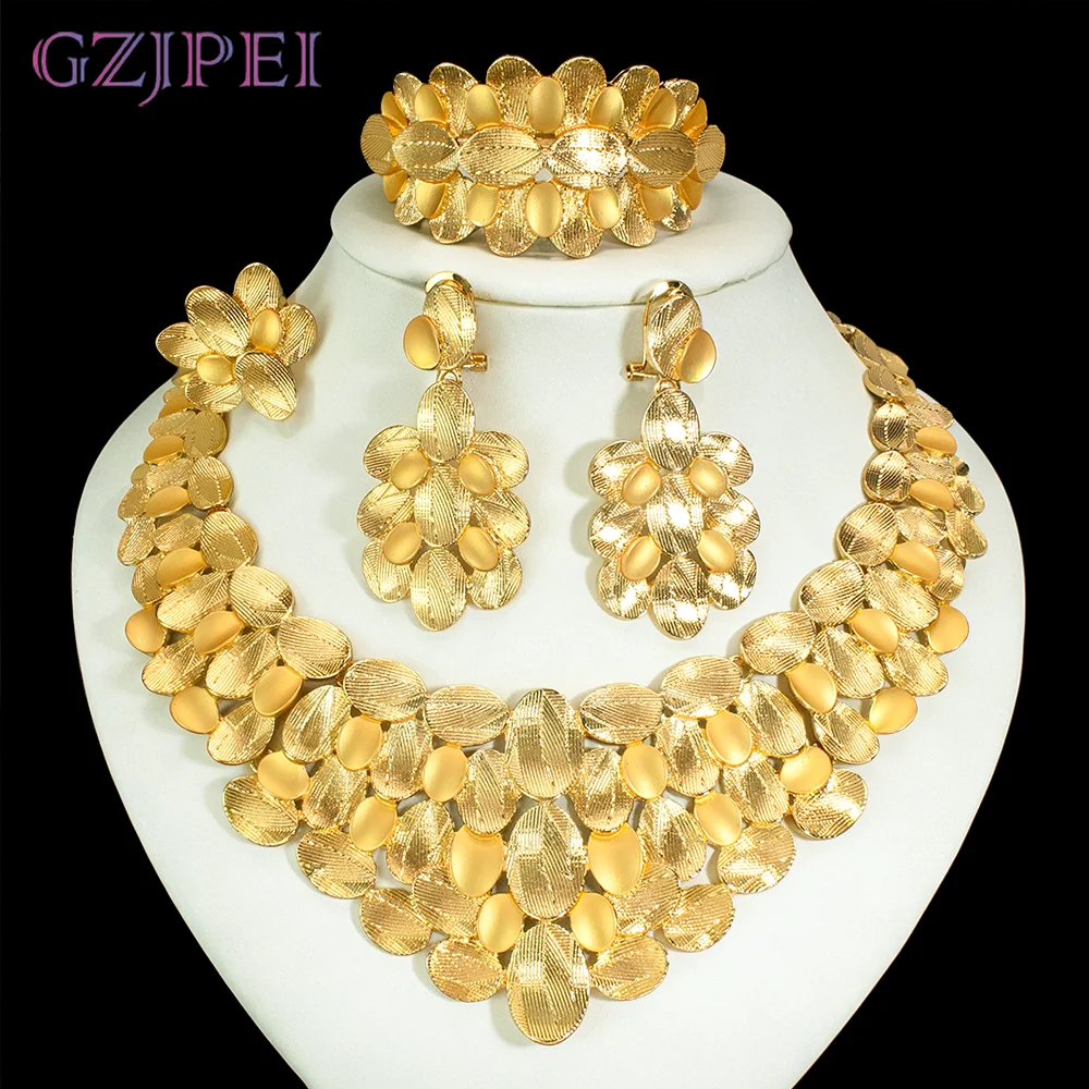 GZJPEI Luxury 18K Gold Plated Jewelry Set Layered Petal Design Nigeria Brazilian Wedding Jewelry For Mother & Friends Best Gifts