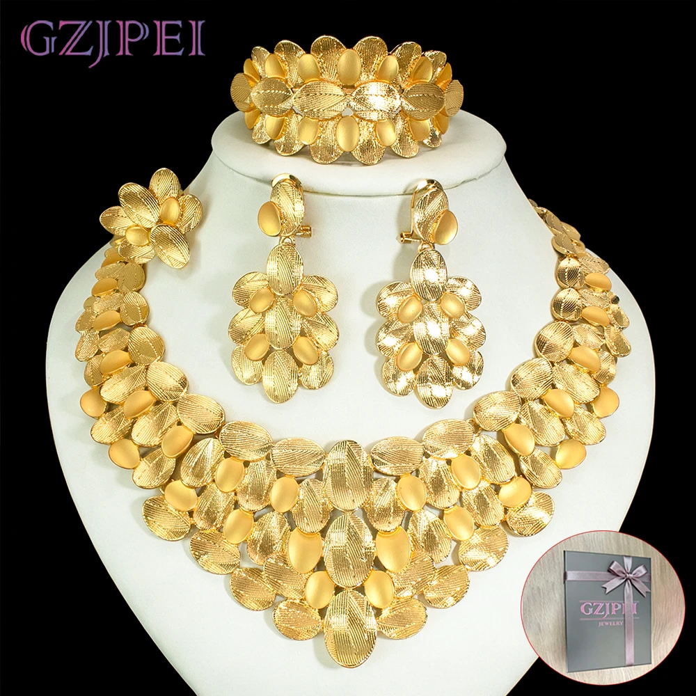 GZJPEI Luxury 18K Gold Plated Jewelry Set Layered Petal Design Nigeria Brazilian Wedding Jewelry For Mother & Friends Best Gifts