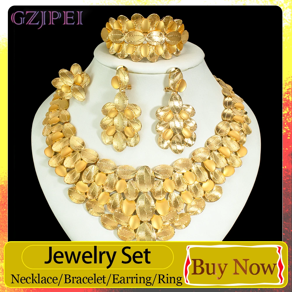 GZJPEI Luxury 18K Gold Plated Jewelry Set Layered Petal Design Nigeria Brazilian Wedding Jewelry For Mother & Friends Best Gifts GZJPEI Luxury 18K Gold Plated Jewelry Set Layered Petal Design Nigeria Brazilian Wedding Jewelry For Mother & Friends Best Gifts