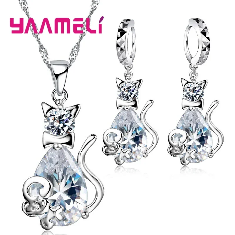 Vintage Real Pure 925 Sterling Silver Gift Jewelry Sets for Women Female Shiny Cubic Zircon Pendant Necklace Huggie Earrings