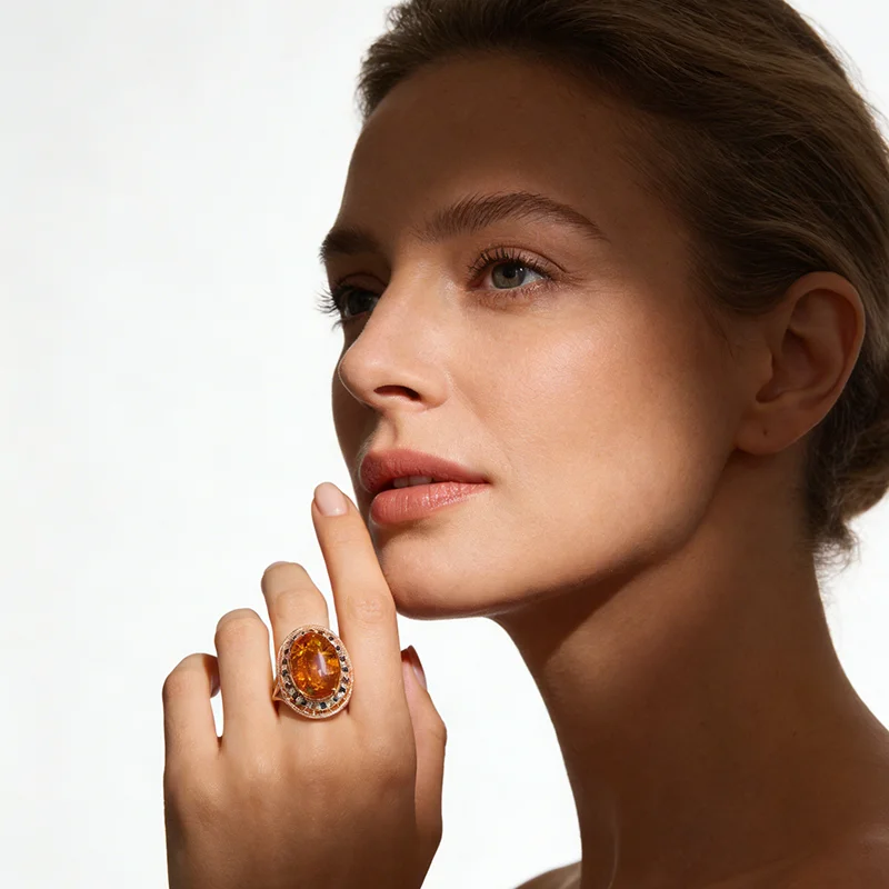Kinel Hot Oval Amber Ring Earrings Necklace for Women Fashion 585 Rose Gold Color Natural Zircon Accessories Vintage Jewelry Set