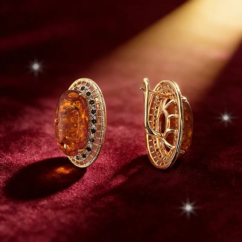 Kinel Hot Oval Amber Ring Earrings Necklace for Women Fashion 585 Rose Gold Color Natural Zircon Accessories Vintage Jewelry Set Kinel Hot Oval Amber Ring Earrings Necklace for Women Fashion 585 Rose Gold Color Natural Zircon Accessories Vintage Jewelry Set