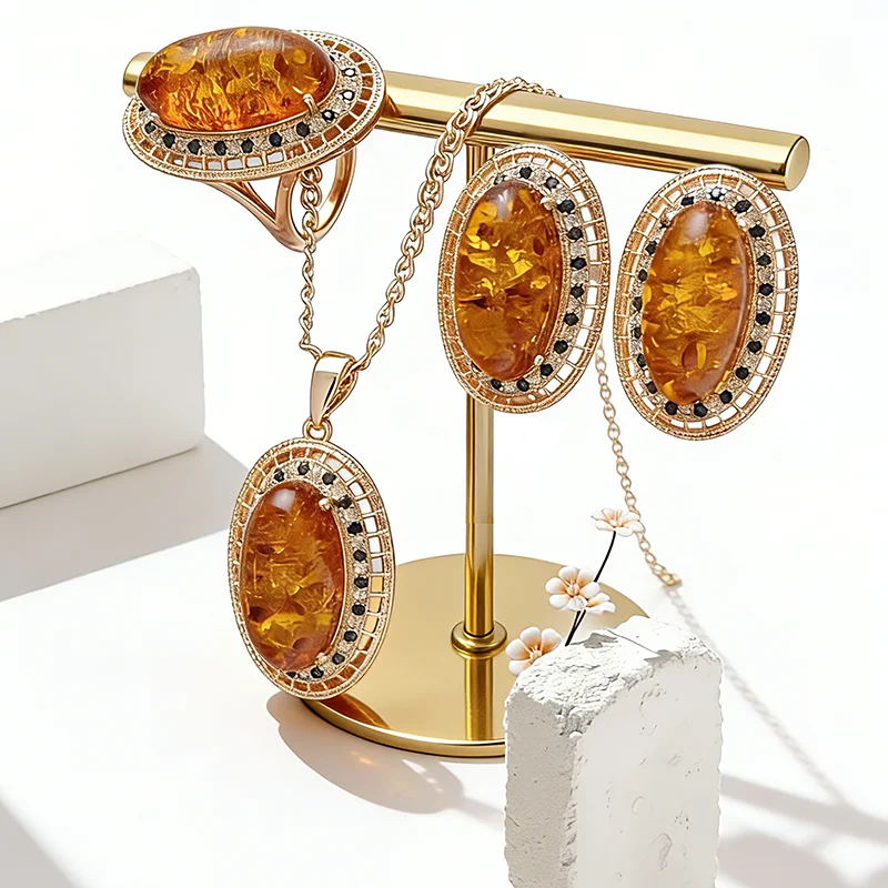 Kinel Hot Oval Amber Ring Earrings Necklace for Women Fashion 585 Rose Gold Color Natural Zircon Accessories Vintage Jewelry Set