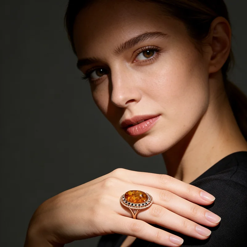 Kinel Hot Oval Amber Ring Earrings Necklace for Women Fashion 585 Rose Gold Color Natural Zircon Accessories Vintage Jewelry Set