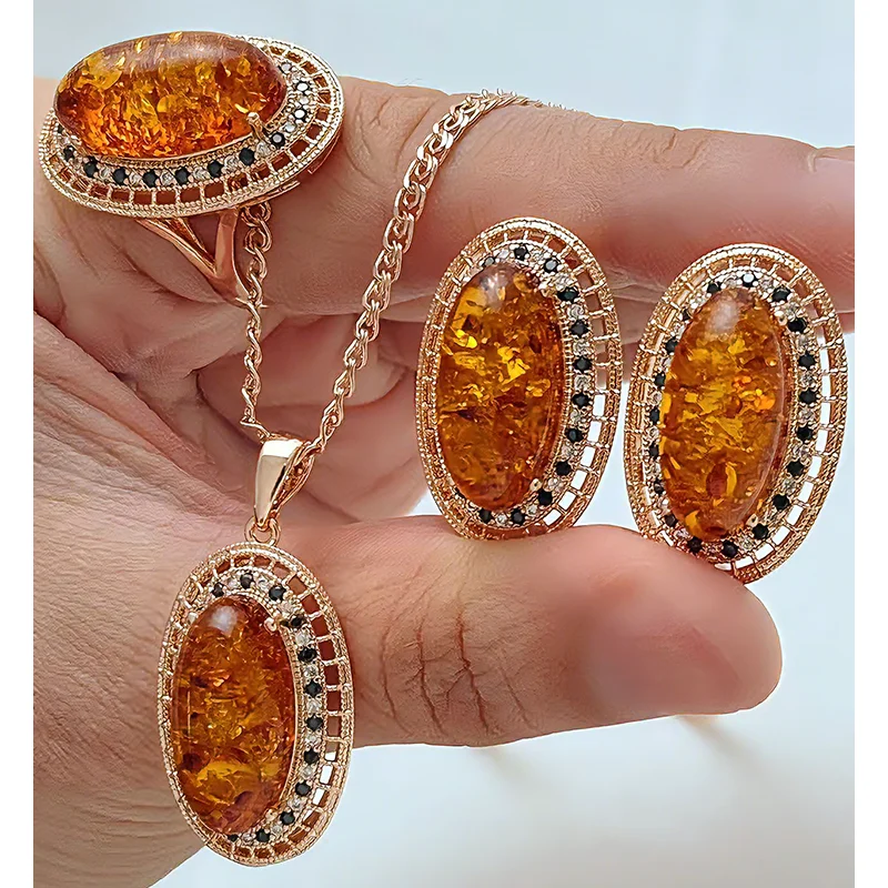 Kinel Hot Oval Amber Ring Earrings Necklace for Women Fashion 585 Rose Gold Color Natural Zircon Accessories Vintage Jewelry Set
