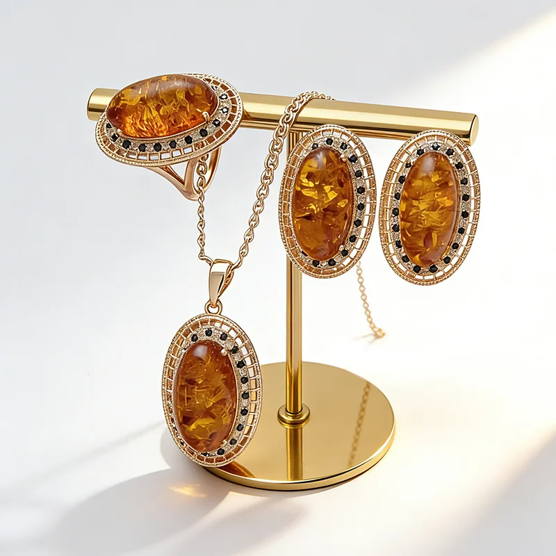 Kinel Hot Oval Amber Ring Earrings Necklace for Women Fashion 585 Rose Gold Color Natural Zircon Accessories Vintage Jewelry Set