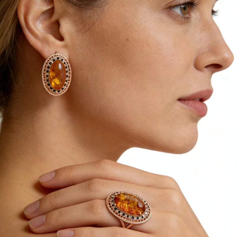 Kinel Hot Oval Amber Ring Earrings Necklace for Women Fashion 585 Rose Gold Color Natural Zircon Accessories Vintage Jewelry Set Kinel Hot Oval Amber Ring Earrings Necklace for Women Fashion 585 Rose Gold Color Natural Zircon Accessories Vintage Jewelry Set