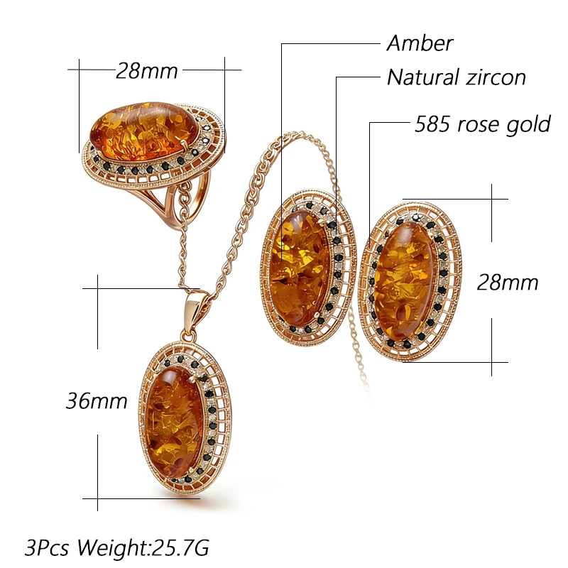 Kinel Hot Oval Amber Ring Earrings Necklace for Women Fashion 585 Rose Gold Color Natural Zircon Accessories Vintage Jewelry Set