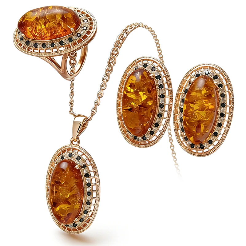 Kinel Hot Oval Amber Ring Earrings Necklace for Women Fashion 585 Rose Gold Color Natural Zircon Accessories Vintage Jewelry Set