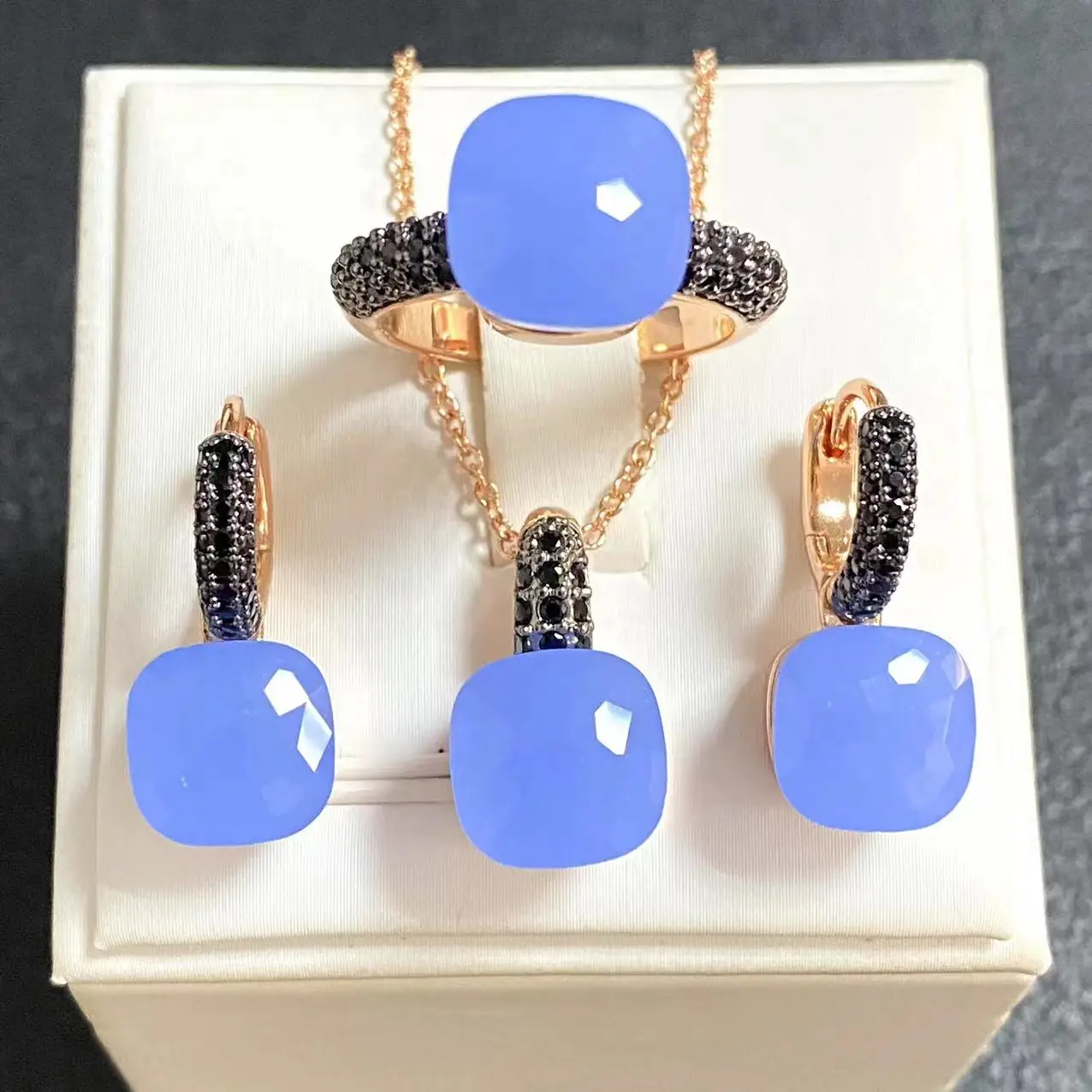 3Pcs/Set Women Ring Earrings Necklace Jewelry Set Inlay Black Zircon Gun Black Plated Crystal Jewelry Set Jewelry Gift