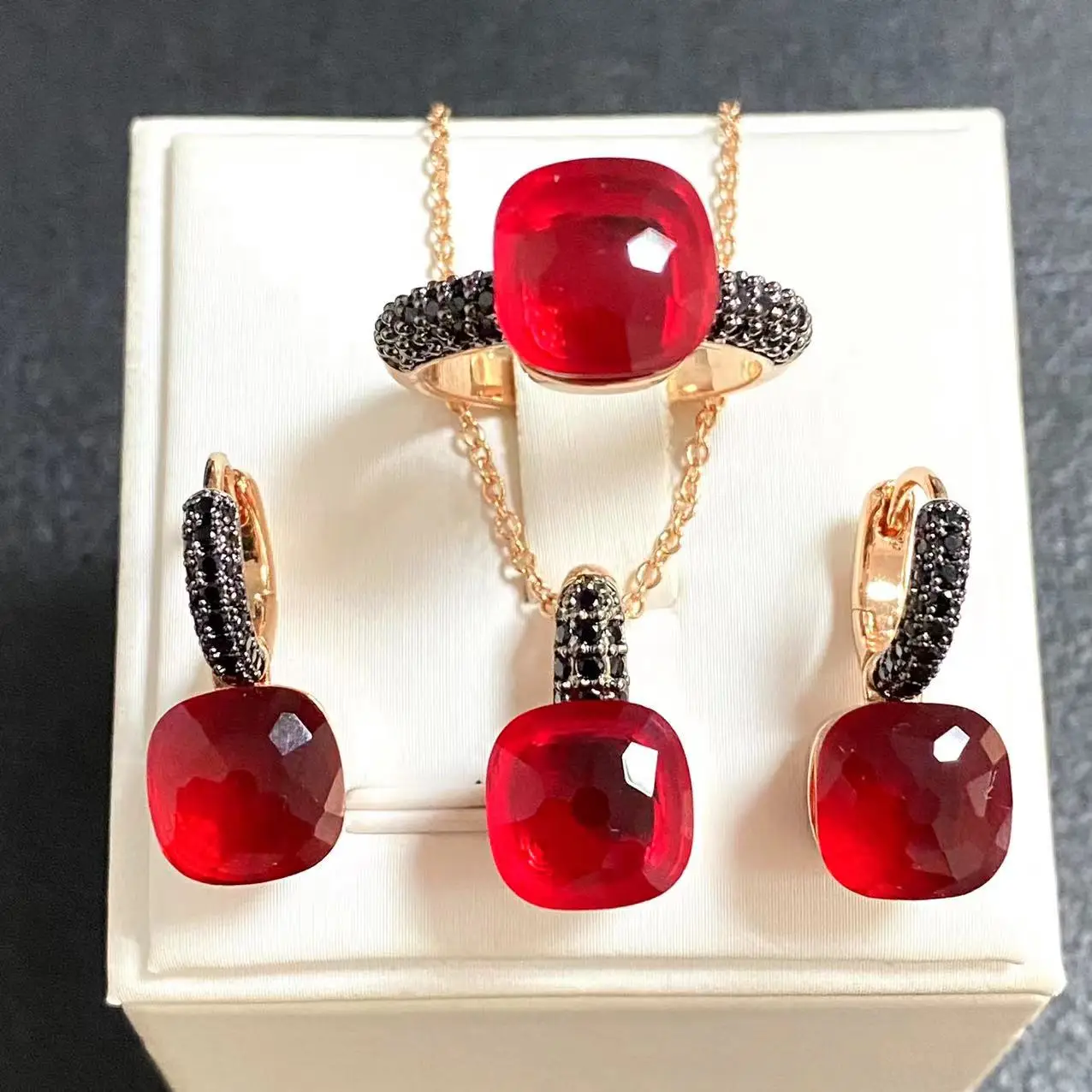 3Pcs/Set Women Ring Earrings Necklace Jewelry Set Inlay Black Zircon Gun Black Plated Crystal Jewelry Set Jewelry Gift