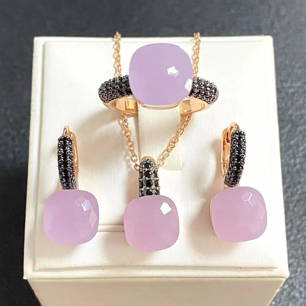 3Pcs/Set Women Ring Earrings Necklace Jewelry Set Inlay Black Zircon Gun Black Plated Crystal Jewelry Set Jewelry Gift