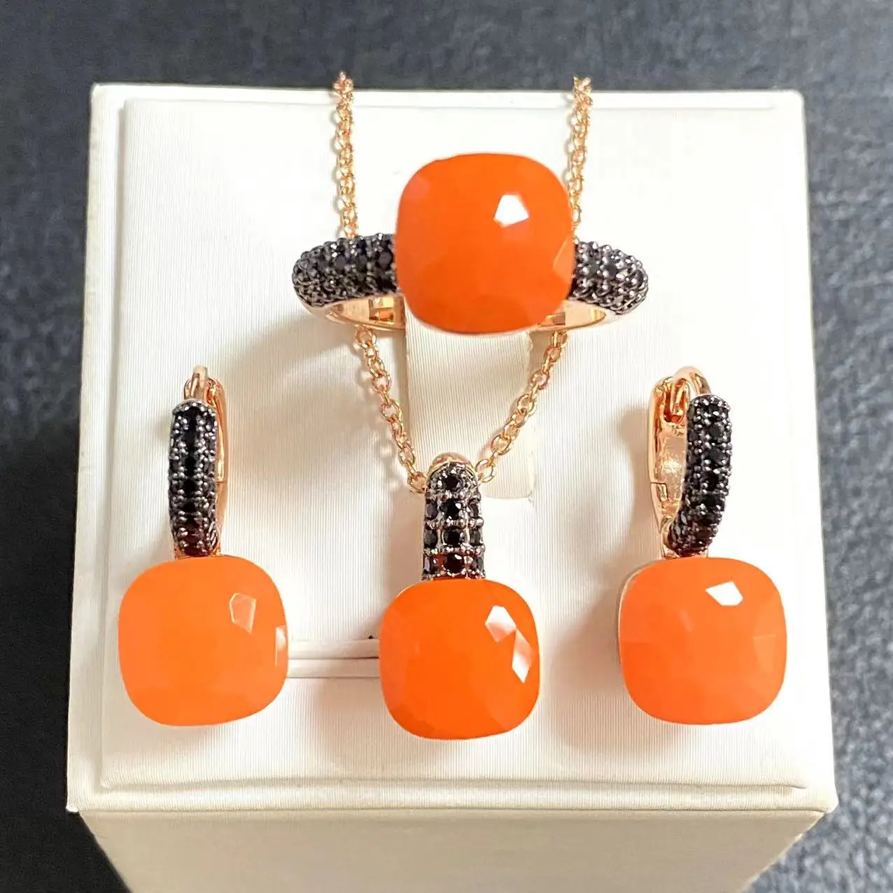 3Pcs/Set Women Ring Earrings Necklace Jewelry Set Inlay Black Zircon Gun Black Plated Crystal Jewelry Set Jewelry Gift