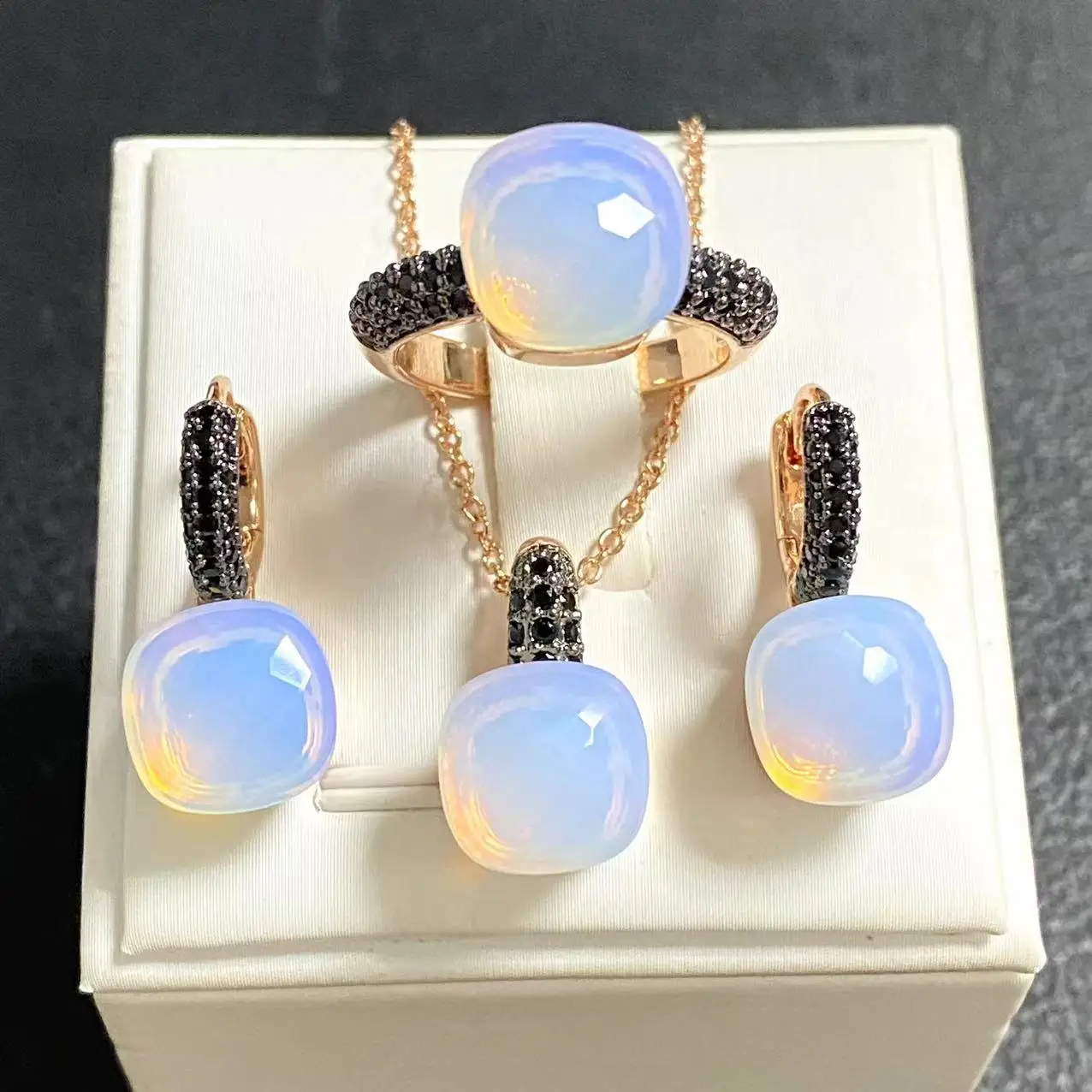 3Pcs/Set Women Ring Earrings Necklace Jewelry Set Inlay Black Zircon Gun Black Plated Crystal Jewelry Set Jewelry Gift