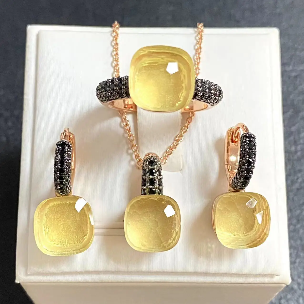3Pcs/Set Women Ring Earrings Necklace Jewelry Set Inlay Black Zircon Gun Black Plated Crystal Jewelry Set Jewelry Gift