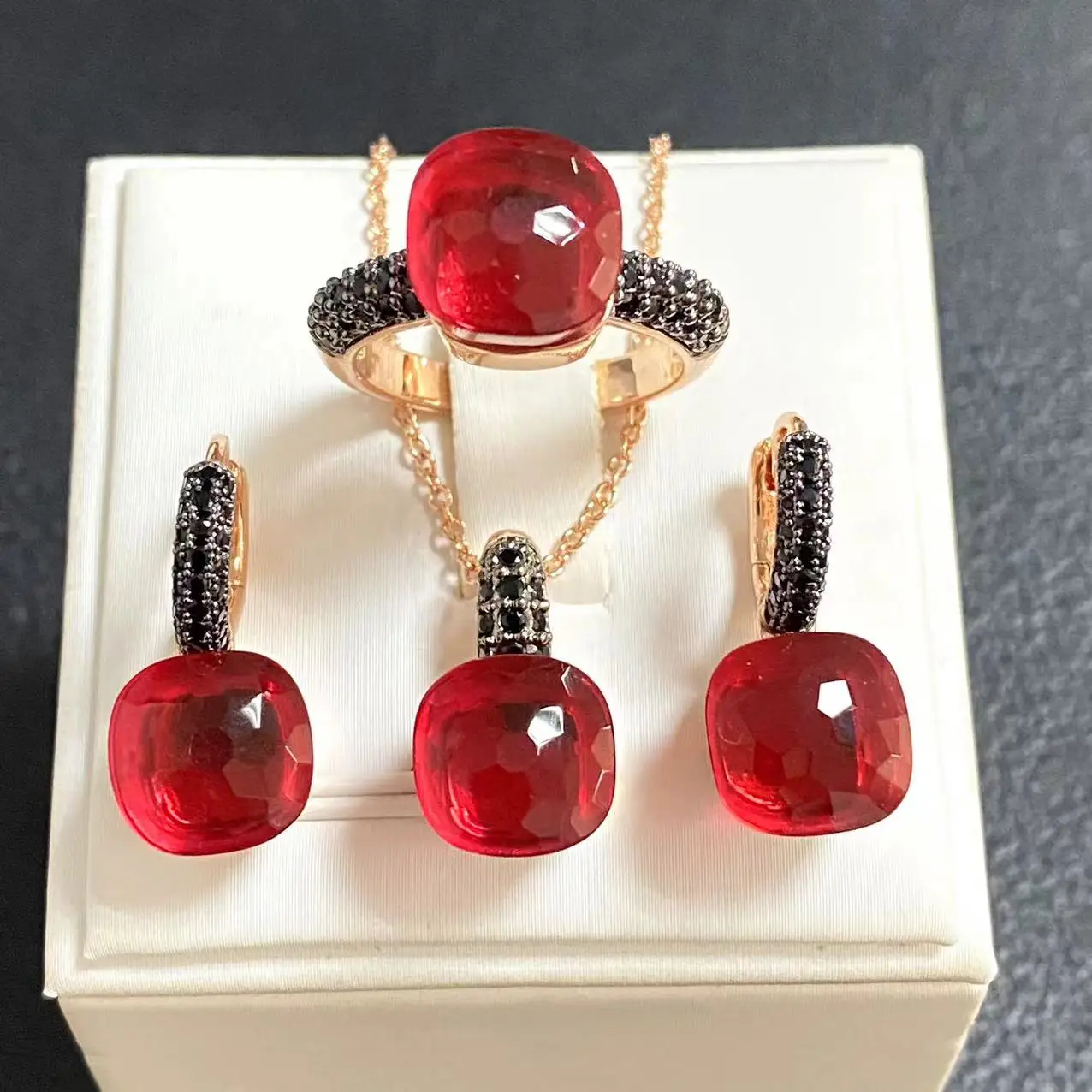 3Pcs/Set Women Ring Earrings Necklace Jewelry Set Inlay Black Zircon Gun Black Plated Crystal Jewelry Set Jewelry Gift