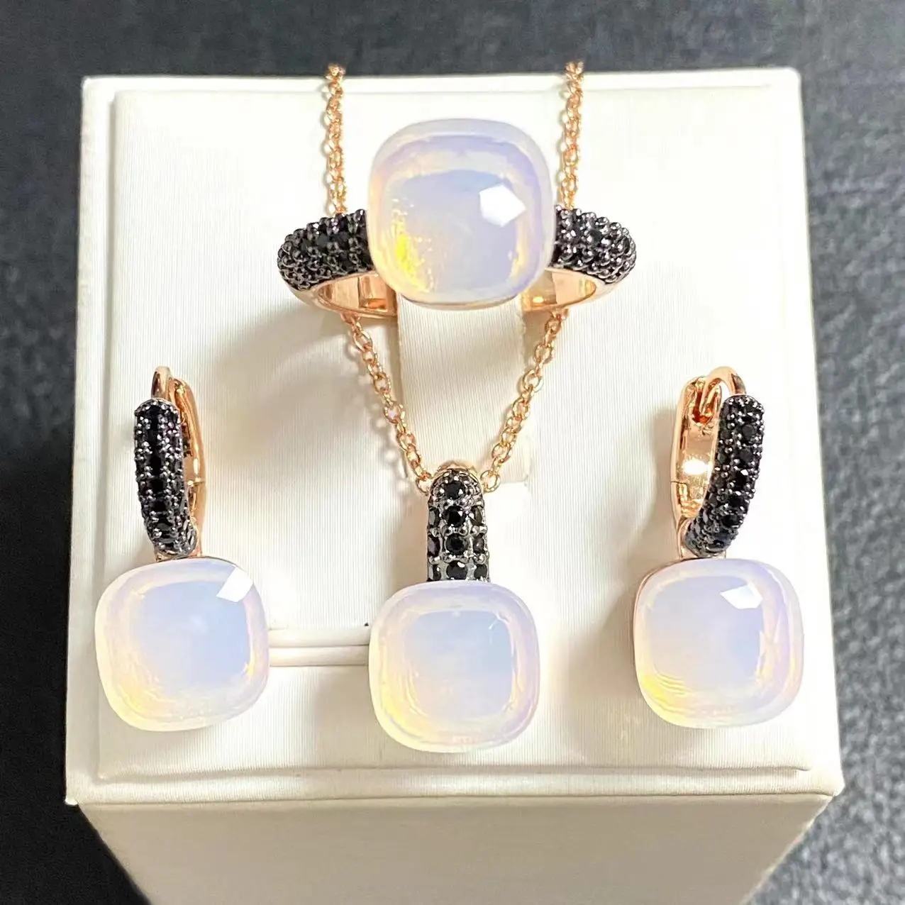 3Pcs/Set Women Ring Earrings Necklace Jewelry Set Inlay Black Zircon Gun Black Plated Crystal Jewelry Set Jewelry Gift