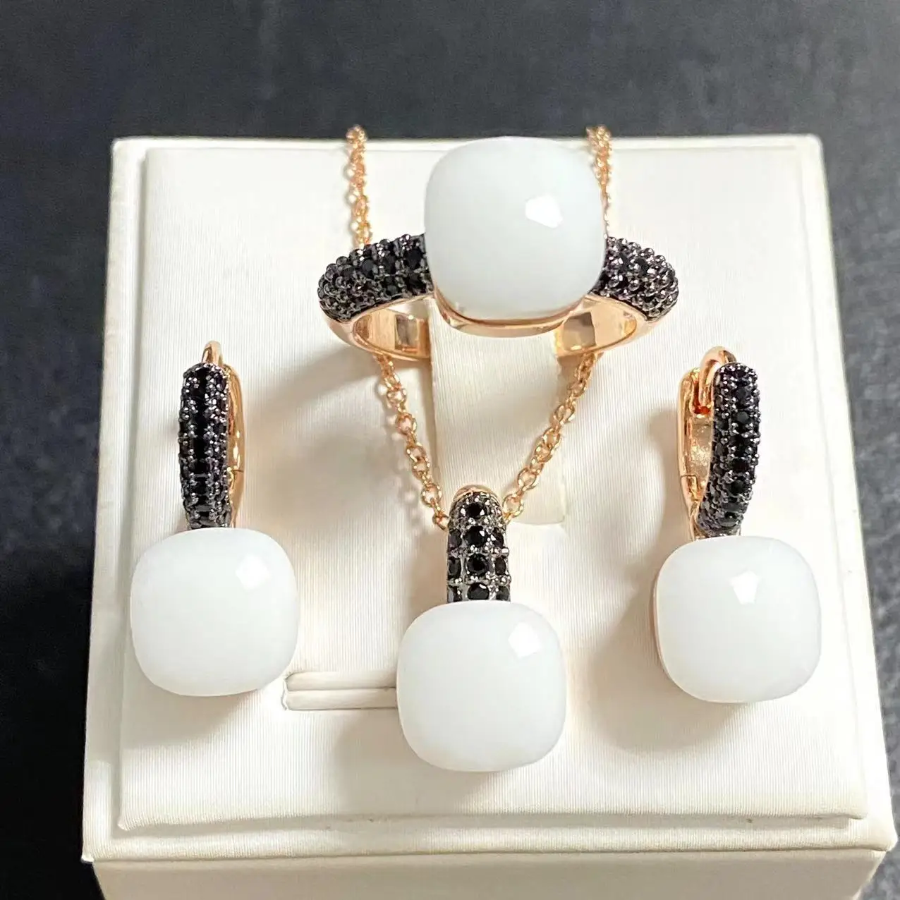 3Pcs/Set Women Ring Earrings Necklace Jewelry Set Inlay Black Zircon Gun Black Plated Crystal Jewelry Set Jewelry Gift
