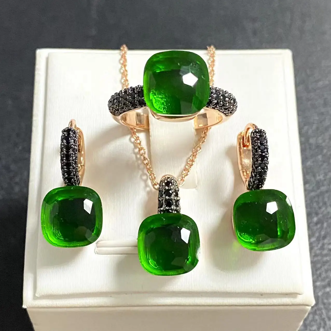 3Pcs/Set Women Ring Earrings Necklace Jewelry Set Inlay Black Zircon Gun Black Plated Crystal Jewelry Set Jewelry Gift
