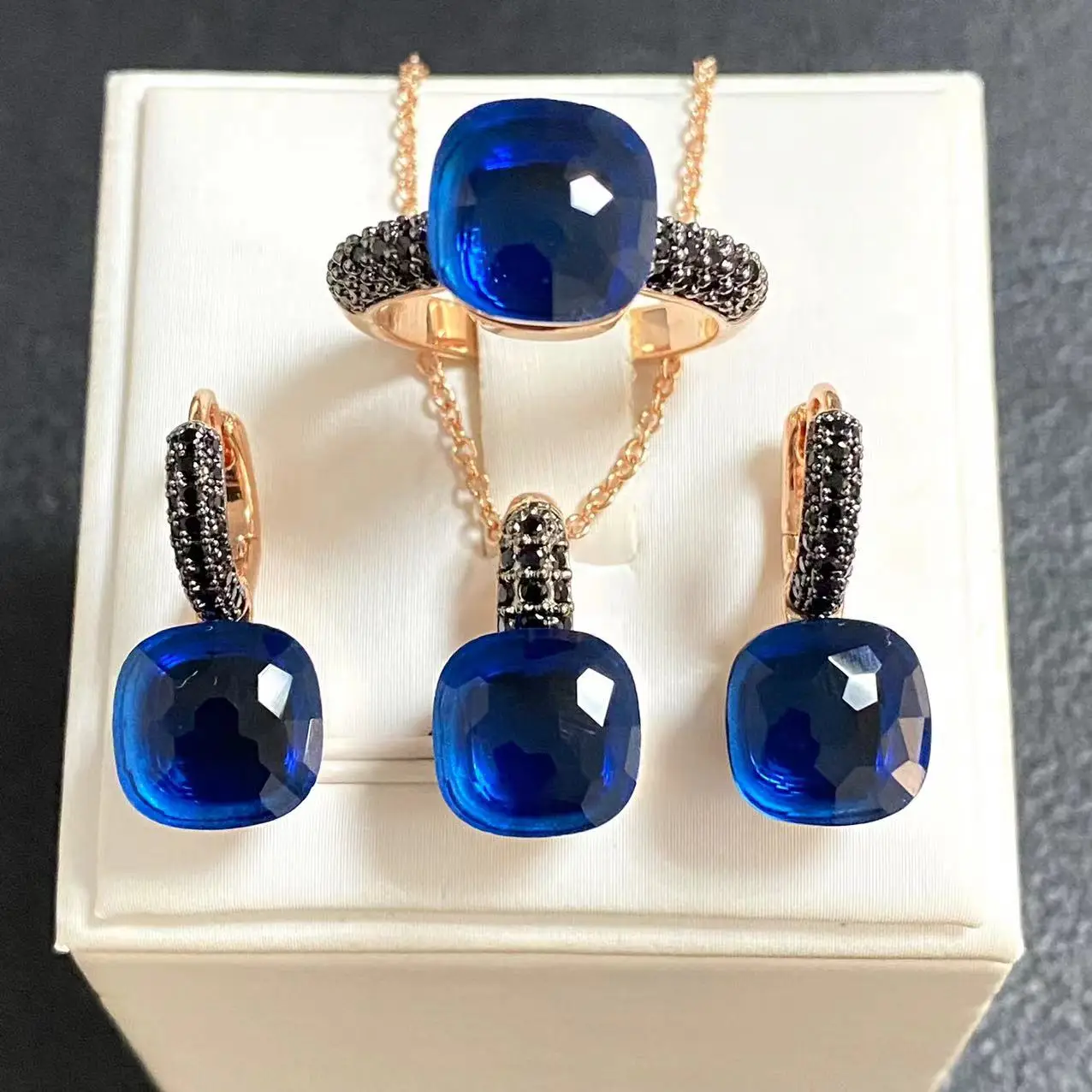 3Pcs/Set Women Ring Earrings Necklace Jewelry Set Inlay Black Zircon Gun Black Plated Crystal Jewelry Set Jewelry Gift