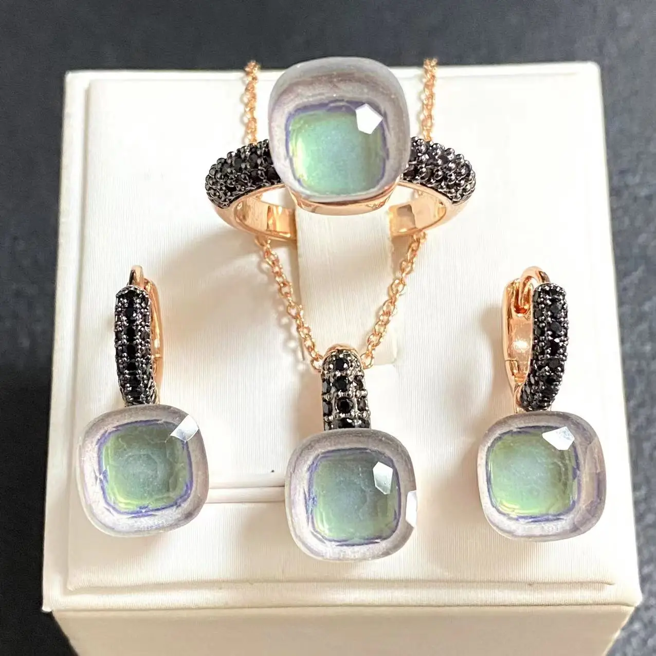 3Pcs/Set Women Ring Earrings Necklace Jewelry Set Inlay Black Zircon Gun Black Plated Crystal Jewelry Set Jewelry Gift