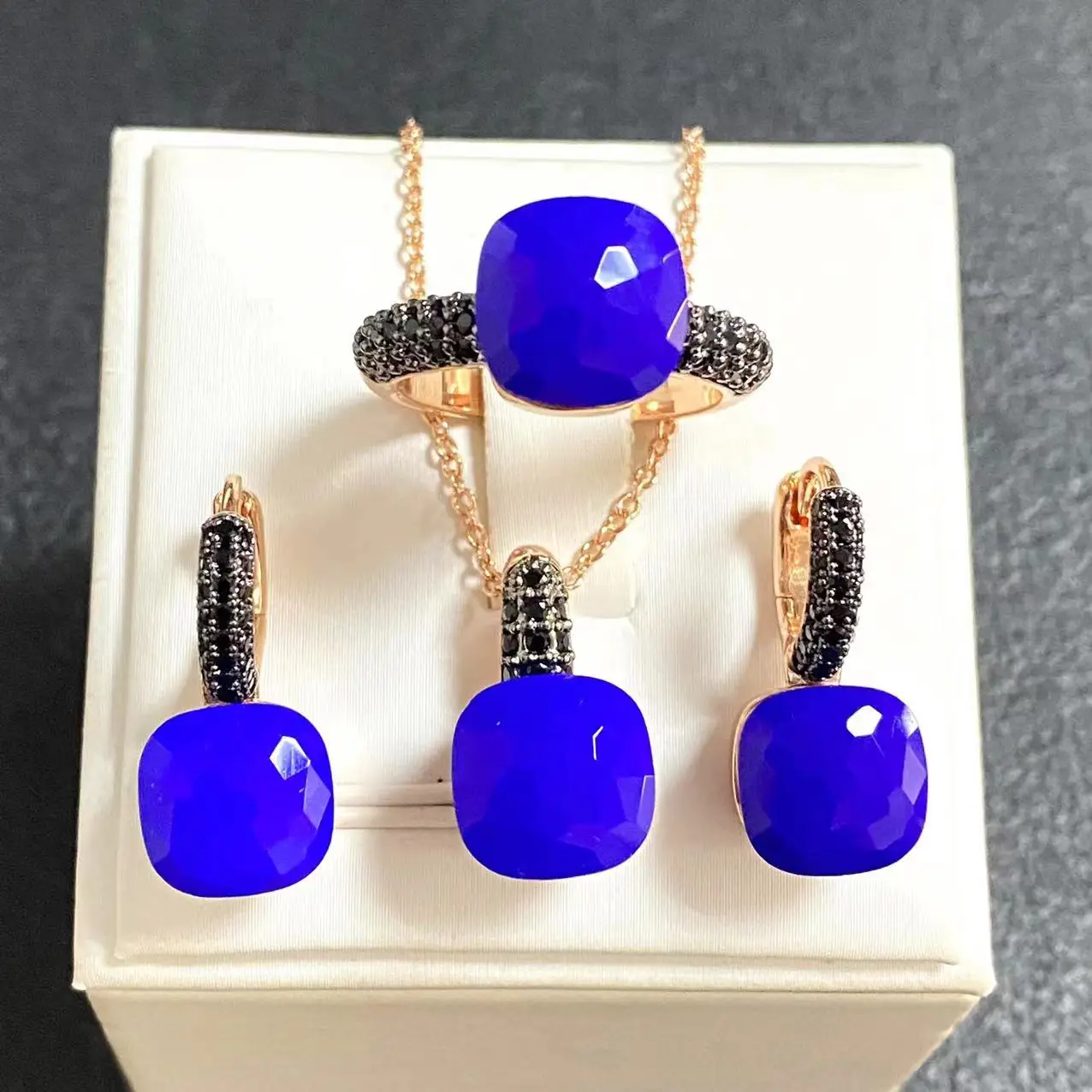 3Pcs/Set Women Ring Earrings Necklace Jewelry Set Inlay Black Zircon Gun Black Plated Crystal Jewelry Set Jewelry Gift