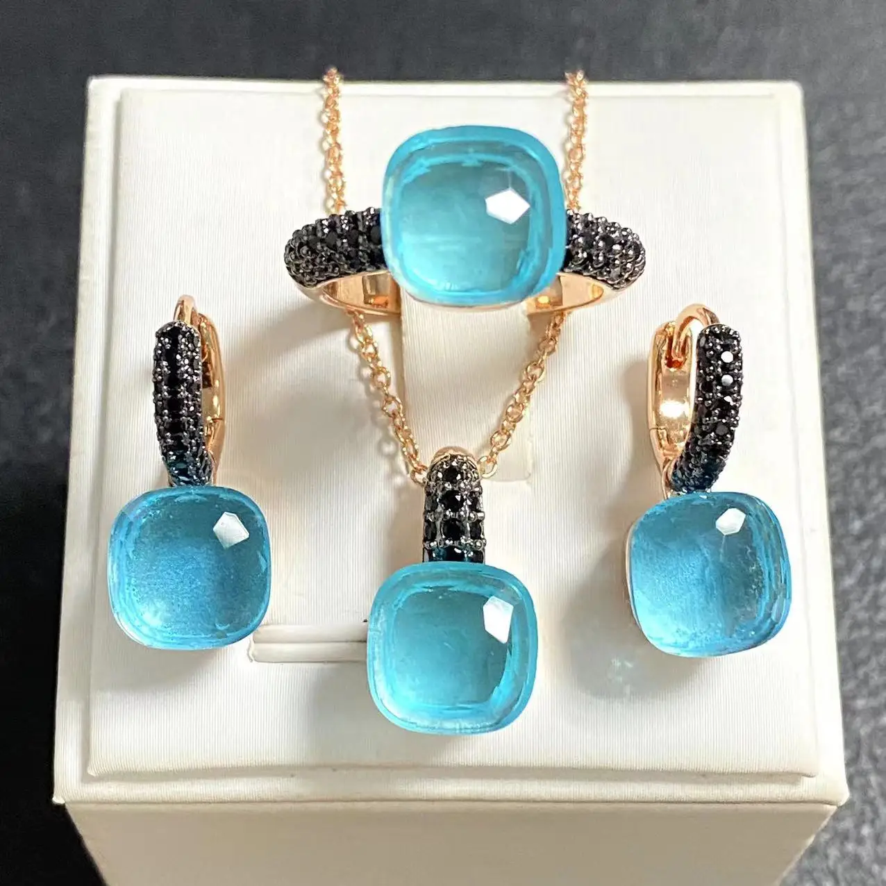 3Pcs/Set Women Ring Earrings Necklace Jewelry Set Inlay Black Zircon Gun Black Plated Crystal Jewelry Set Jewelry Gift