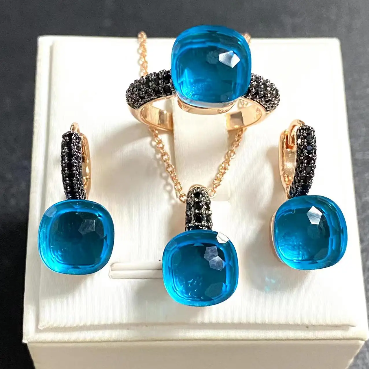 3Pcs/Set Women Ring Earrings Necklace Jewelry Set Inlay Black Zircon Gun Black Plated Crystal Jewelry Set Jewelry Gift