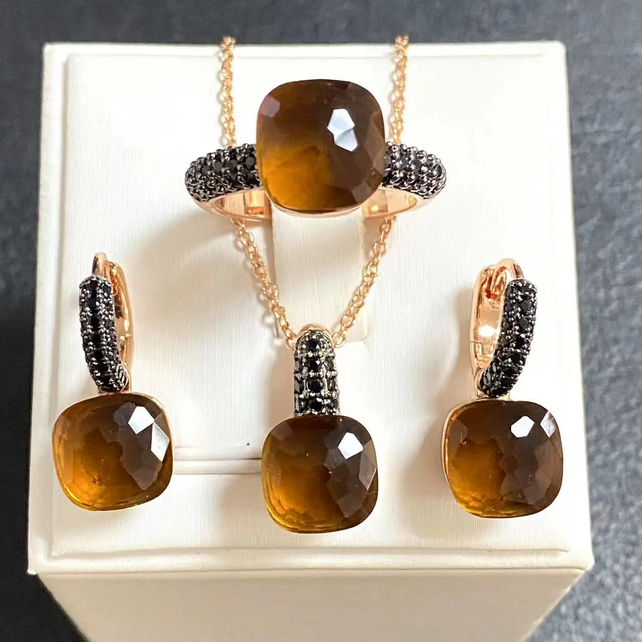 3Pcs/Set Women Ring Earrings Necklace Jewelry Set Inlay Black Zircon Gun Black Plated Crystal Jewelry Set Jewelry Gift