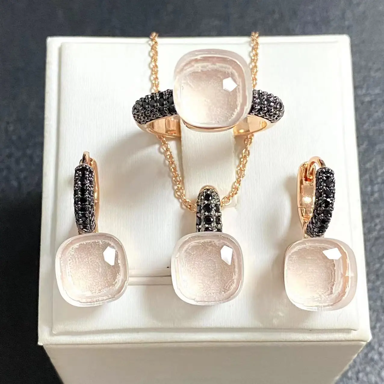 3Pcs/Set Women Ring Earrings Necklace Jewelry Set Inlay Black Zircon Gun Black Plated Crystal Jewelry Set Jewelry Gift