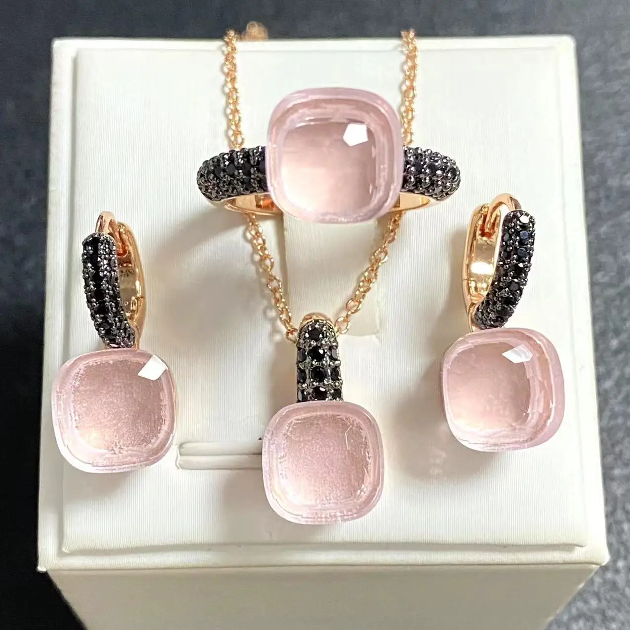 3Pcs/Set Women Ring Earrings Necklace Jewelry Set Inlay Black Zircon Gun Black Plated Crystal Jewelry Set Jewelry Gift
