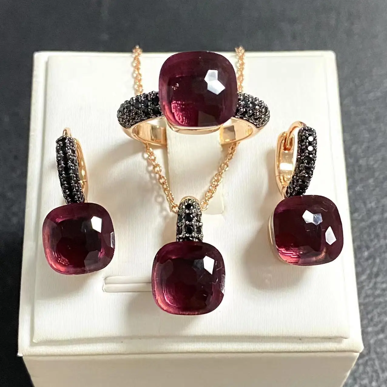 3Pcs/Set Women Ring Earrings Necklace Jewelry Set Inlay Black Zircon Gun Black Plated Crystal Jewelry Set Jewelry Gift