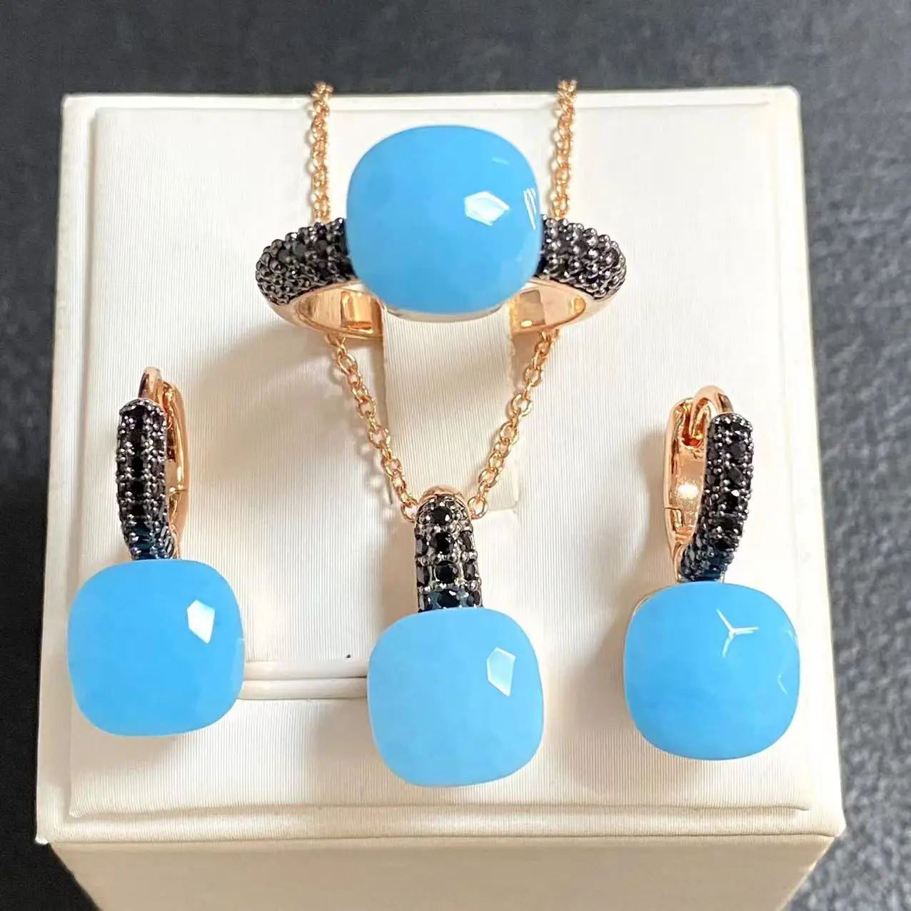 3Pcs/Set Women Ring Earrings Necklace Jewelry Set Inlay Black Zircon Gun Black Plated Crystal Jewelry Set Jewelry Gift