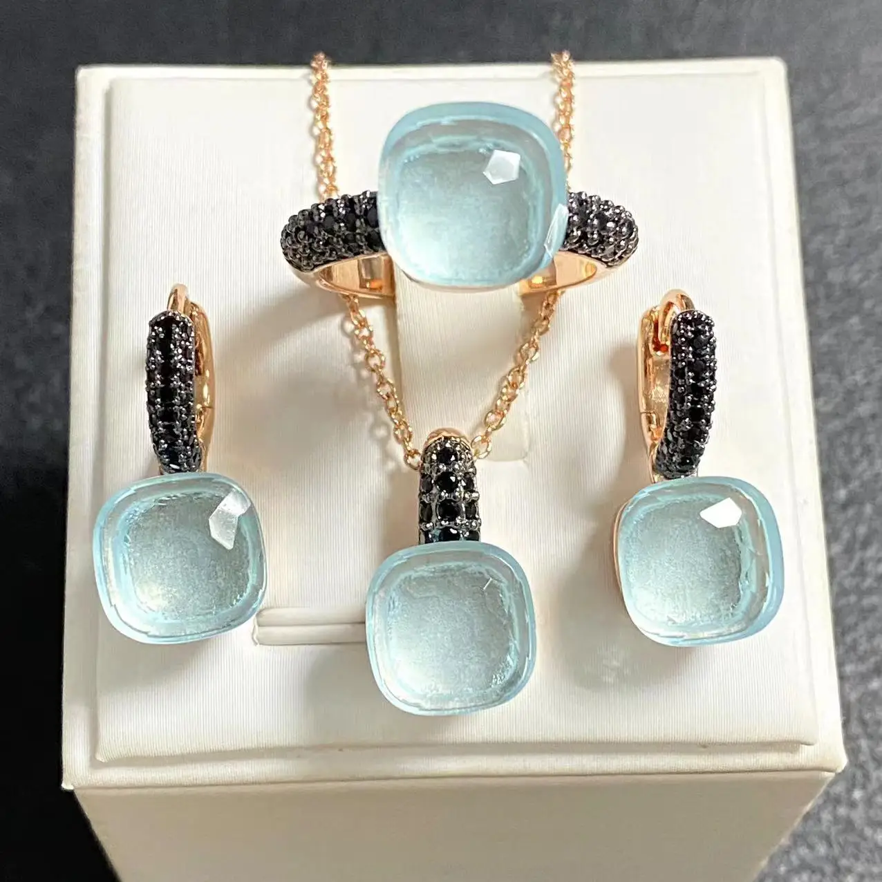 3Pcs/Set Women Ring Earrings Necklace Jewelry Set Inlay Black Zircon Gun Black Plated Crystal Jewelry Set Jewelry Gift