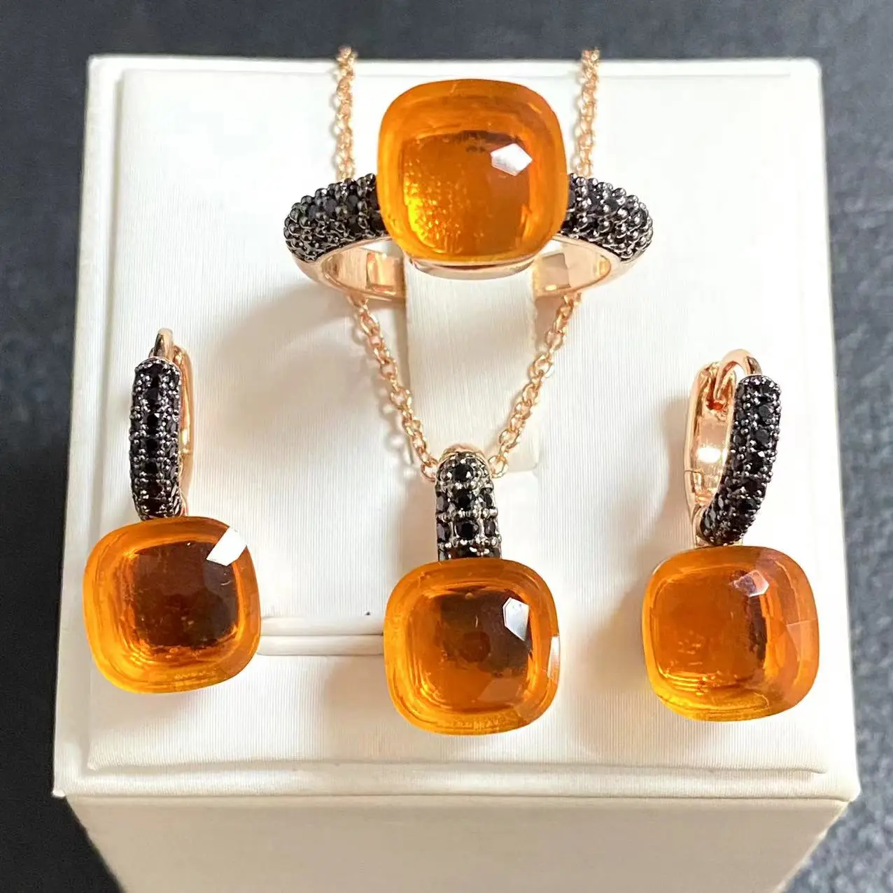 3Pcs/Set Women Ring Earrings Necklace Jewelry Set Inlay Black Zircon Gun Black Plated Crystal Jewelry Set Jewelry Gift