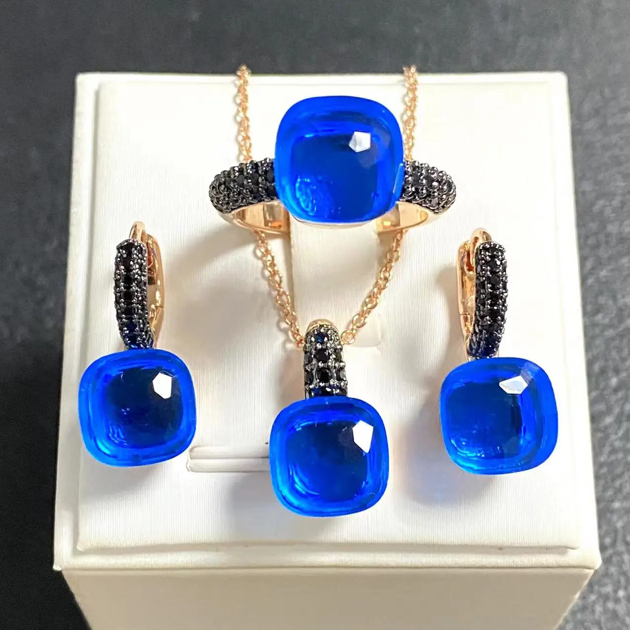 3Pcs/Set Women Ring Earrings Necklace Jewelry Set Inlay Black Zircon Gun Black Plated Crystal Jewelry Set Jewelry Gift