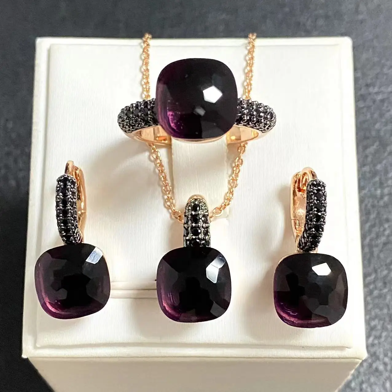 3Pcs/Set Women Ring Earrings Necklace Jewelry Set Inlay Black Zircon Gun Black Plated Crystal Jewelry Set Jewelry Gift