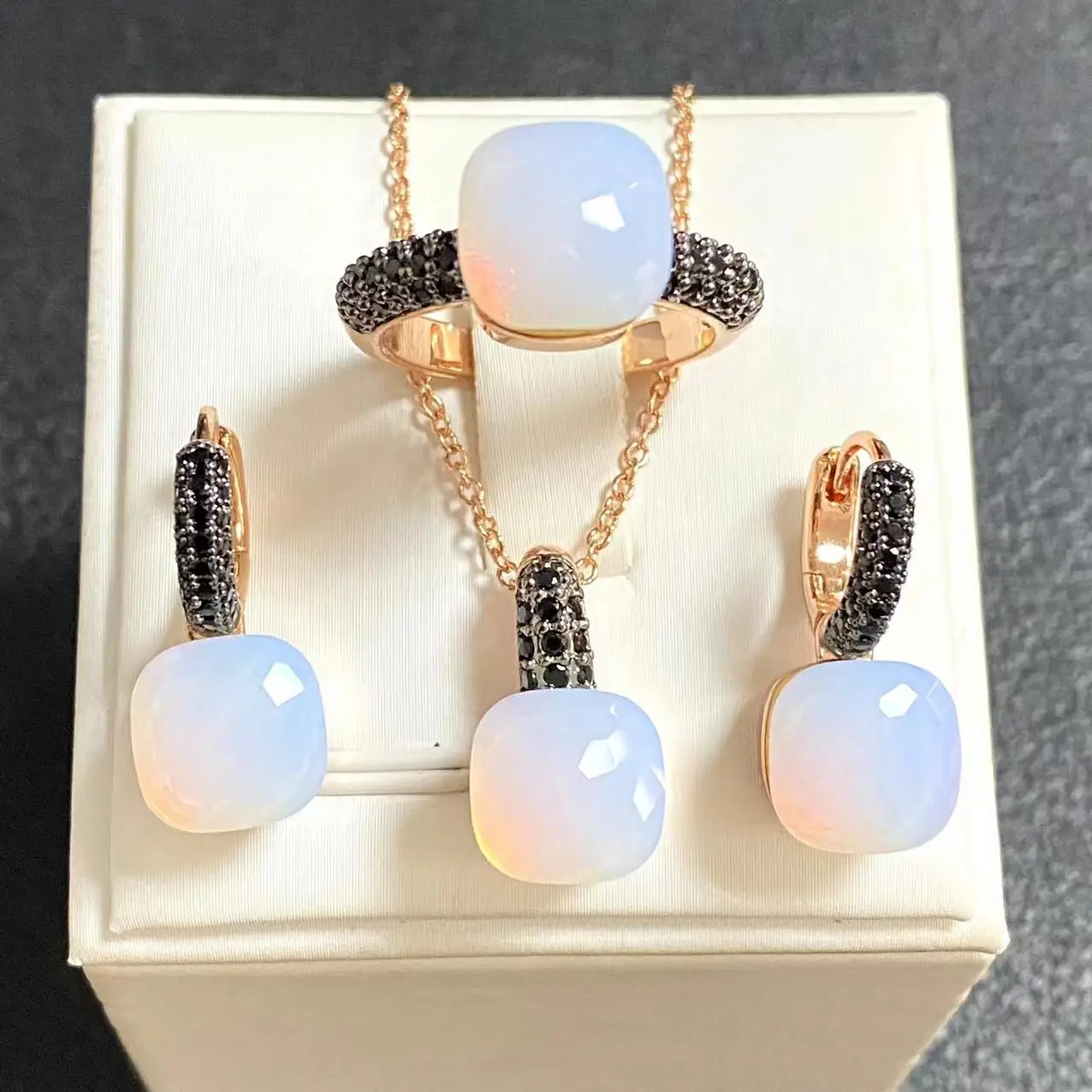 3Pcs/Set Women Ring Earrings Necklace Jewelry Set Inlay Black Zircon Gun Black Plated Crystal Jewelry Set Jewelry Gift